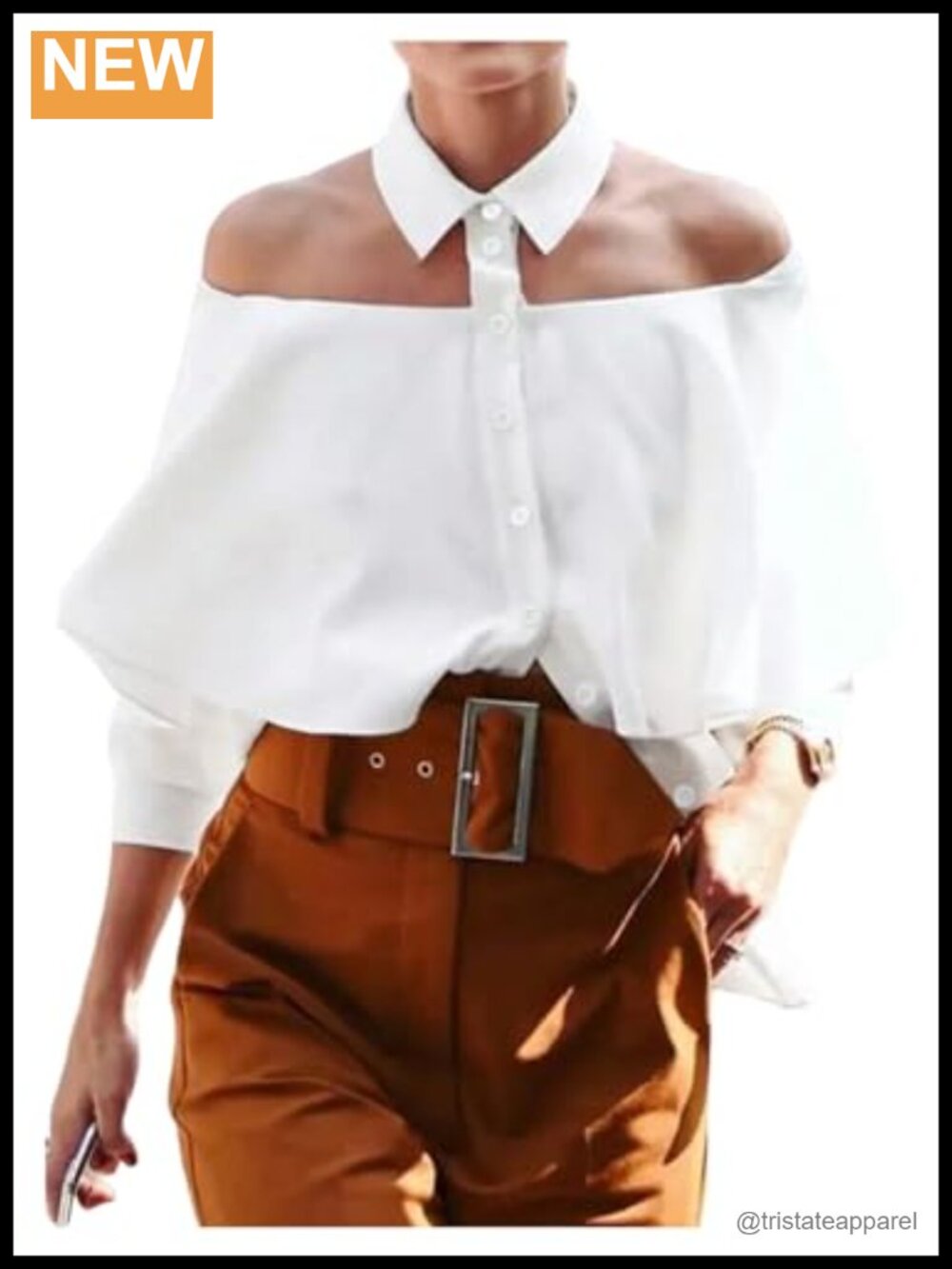 Off Shoulder Button Down Shirt 3/4 Sleeve Collared Neck Blouse